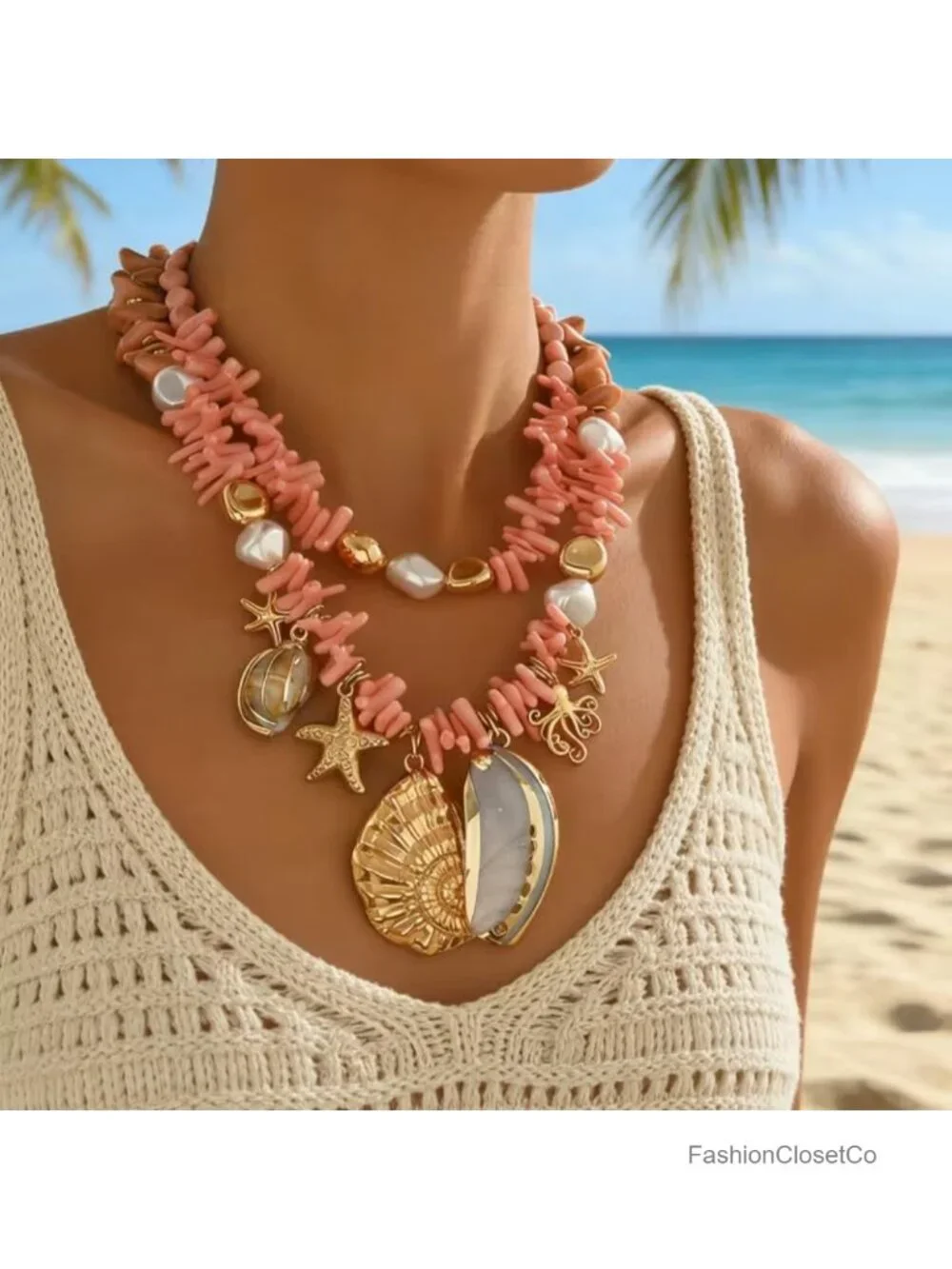 Pink Shell Charm Necklace for Women, Double Layer Irregular Chip Bead Statement